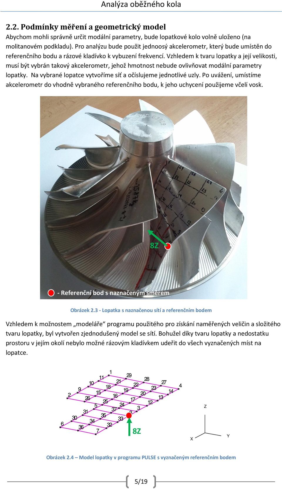 Vzhledem k tvaru lopatky a její velikosti, musí být vybrán takový akcelerometr, jehož hmotnost nebude ovlivňovat modální parametry lopatky.