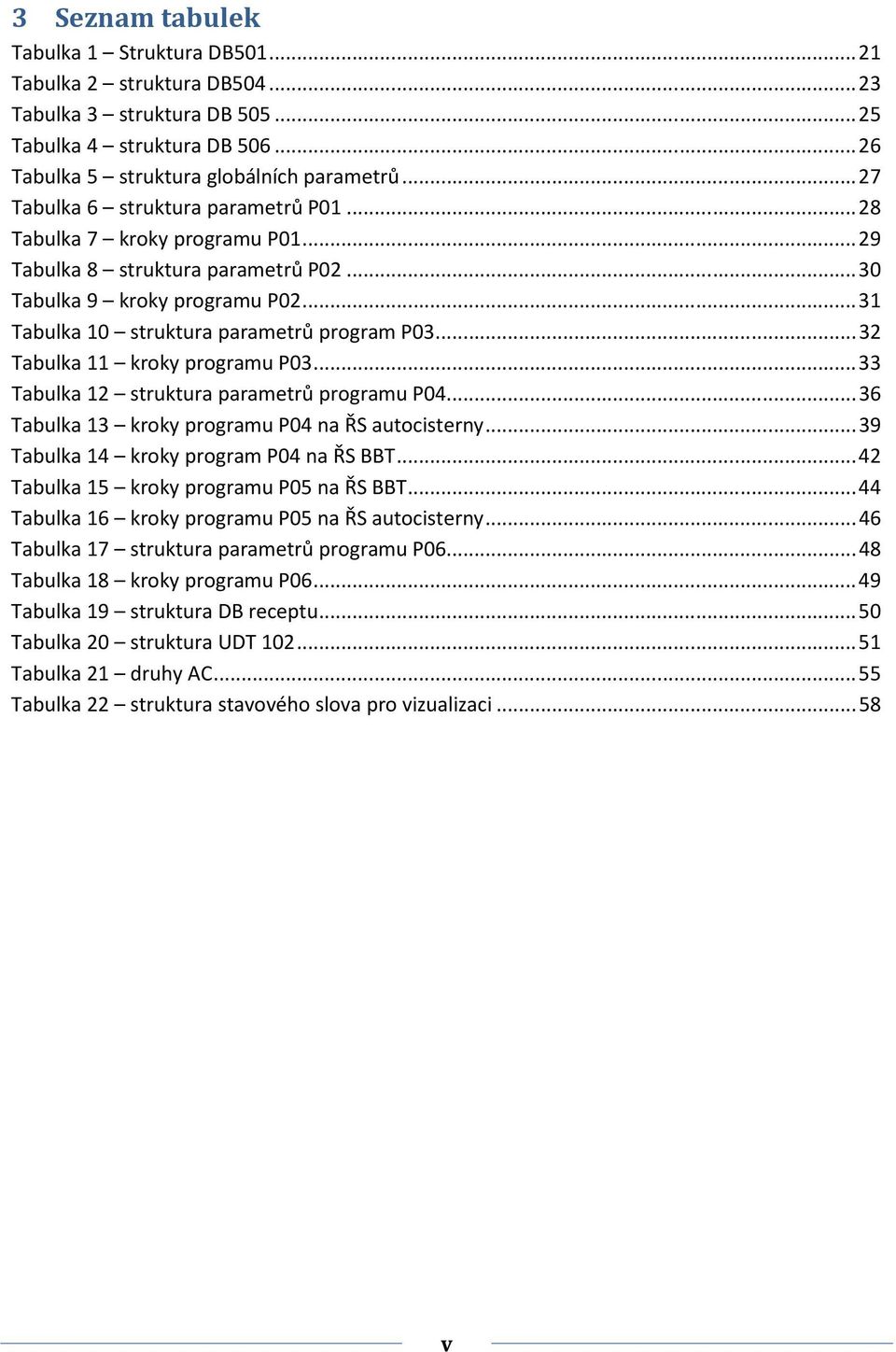 .. 32 Tabulka 11 kroky programu P03... 33 Tabulka 12 struktura parametrů programu P04... 36 Tabulka 13 kroky programu P04 na ŘS autocisterny... 39 Tabulka 14 kroky program P04 na ŘS BBT.