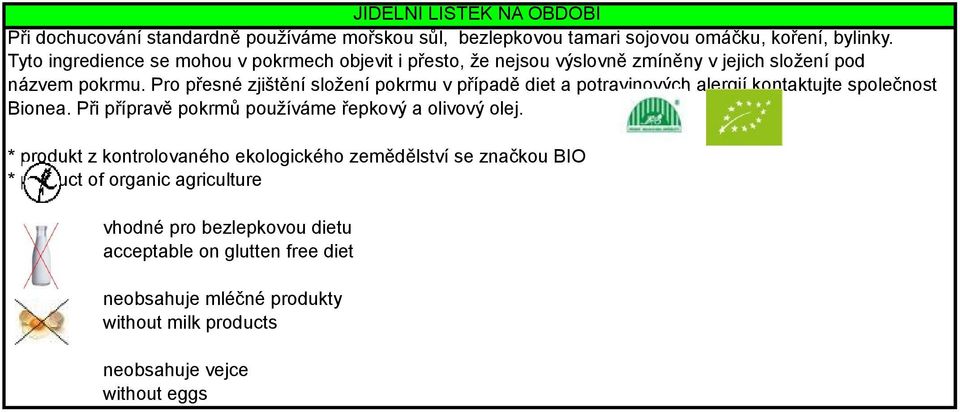 Pro přesné zjištění složení pokrmu v případě diet a potravinových alergií kontaktujte společnost Bionea. Při přípravě pokrmů používáme řepkový a olivový olej.