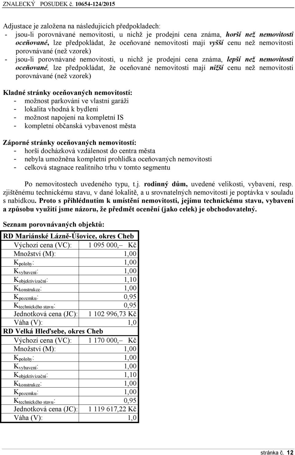 mají nižší cenu než nemovitosti porovnávané (než vzorek) Kladné stránky oceňovaných nemovitostí: - možnost parkování ve vlastní garáži - lokalita vhodná k bydlení - možnost napojení na kompletní IS -