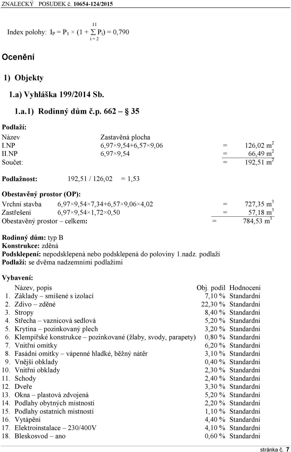 NP 6,97 9,54 = 66,49 m 2 Součet: = 192,51 m 2 Podlažnost: 192,51 / 126,02 = 1,53 Obestavěný prostor (OP): Vrchní stavba 6,97 9,54 7,34+6,57 9,06 4,02 = 727,35 m 3 Zastřešení 6,97 9,54 1,72 0,50 =