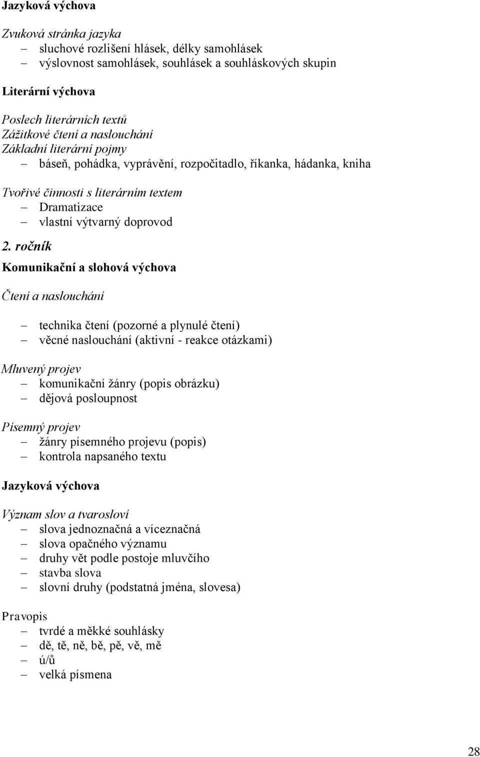 ročník Komunikační a slohová výchova Čtení a naslouchání technika čtení (pozorné a plynulé čtení) věcné naslouchání (aktivní - reakce otázkami) Mluvený projev komunikační žánry (popis obrázku) dějová
