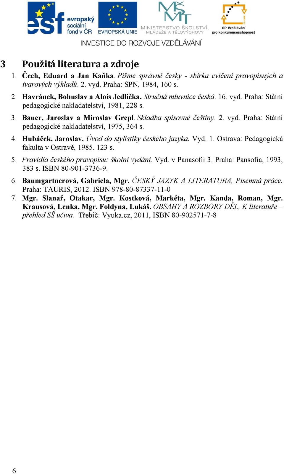 4. Hubáček, Jaroslav. Úvod do stylistiky českého jazyka. Vyd. 1. Ostrava: Pedagogická fakulta v Ostravě, 1985. 123 s. 5. Pravidla českého pravopisu: školní vydání. Vyd. v Panasofii 3.