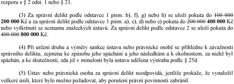 (4) Při určení druhu a výměry sankce ústavu nebo právnické osobě se přihlédne k závažnosti správního deliktu, zejména ke způsobu jeho spáchání a jeho následkům a k okolnostem, za nichž byl spáchán,