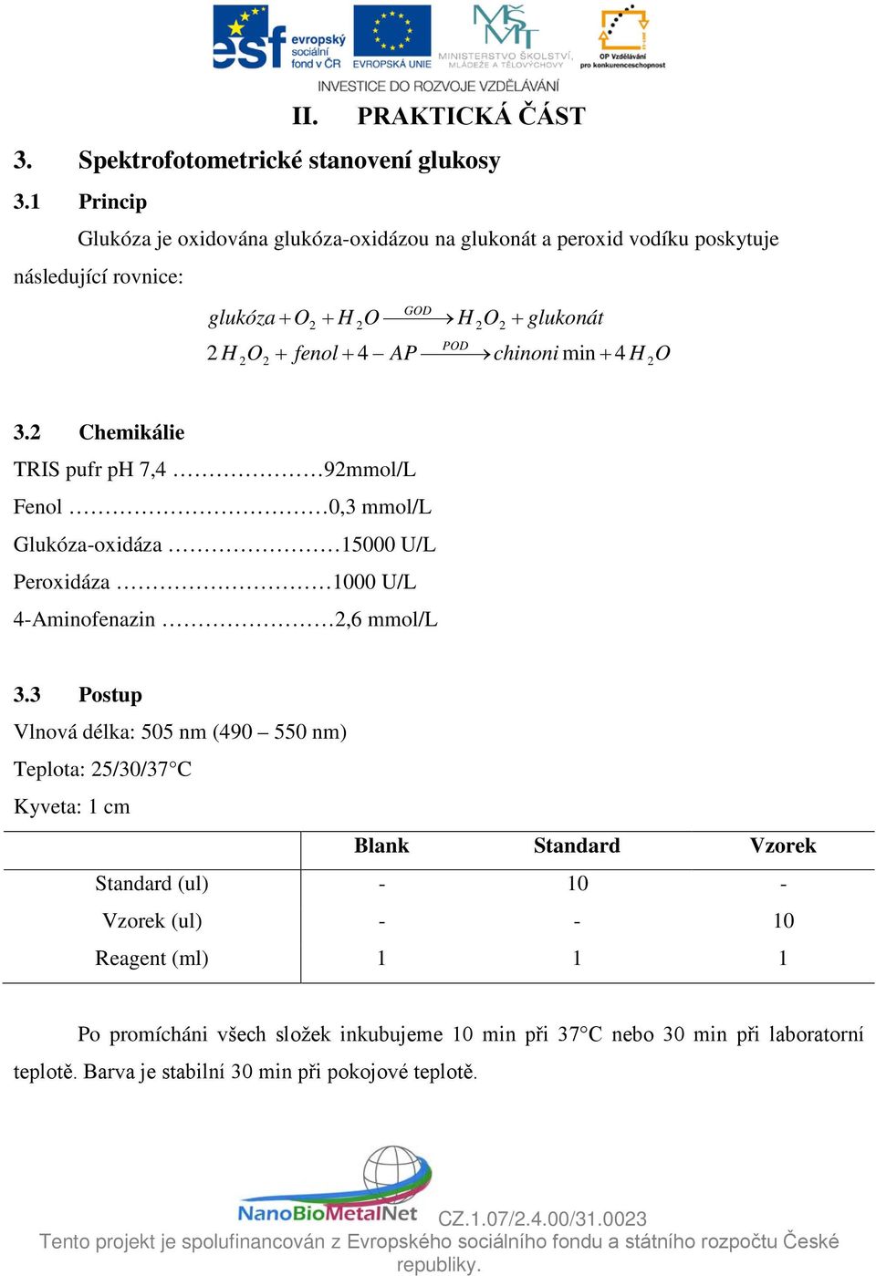 chinoni min + 4 H O 3. Chemikálie TRIS pufr ph 7,4 9mmol/L Fenol 0,3 mmol/l Glukóza-oxidáza 15000 U/L Peroxidáza 1000 U/L 4-Aminofenazin,6 mmol/l 3.