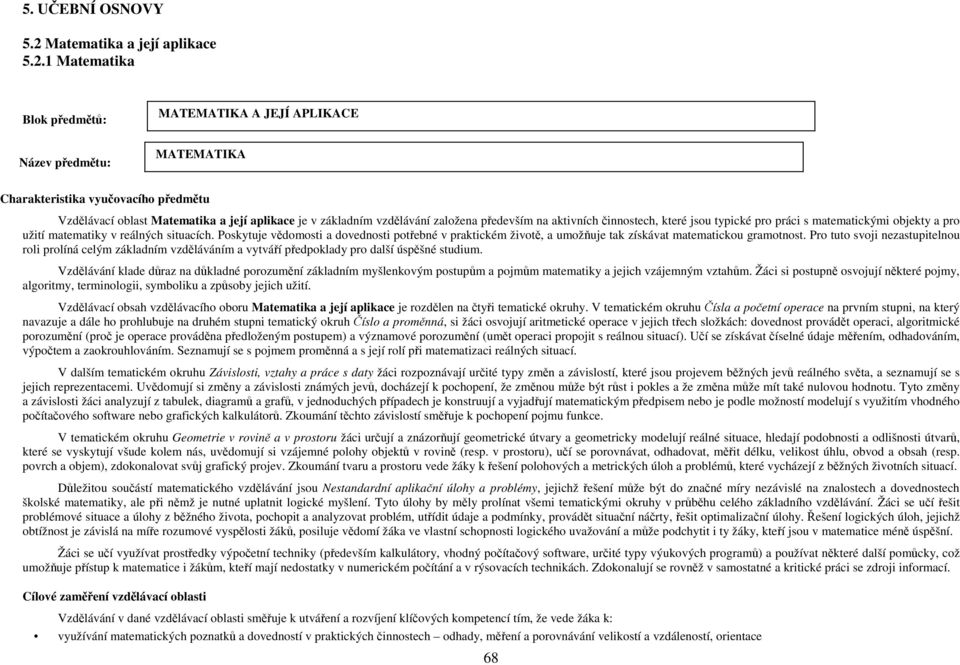 1 Matematika Blok předmětů: MATEMATIKA A JEJÍ APLIKACE Název předmětu: MATEMATIKA Charakteristika vyučovacího předmětu Vzdělávací oblast Matematika a její aplikace je v základním vzdělávání založena