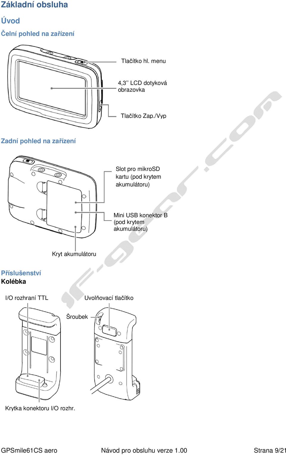 /Vyp Zadní pohled na zařízení Slot pro mikrosd kartu (pod krytem akumulátoru) Mini USB konektor B