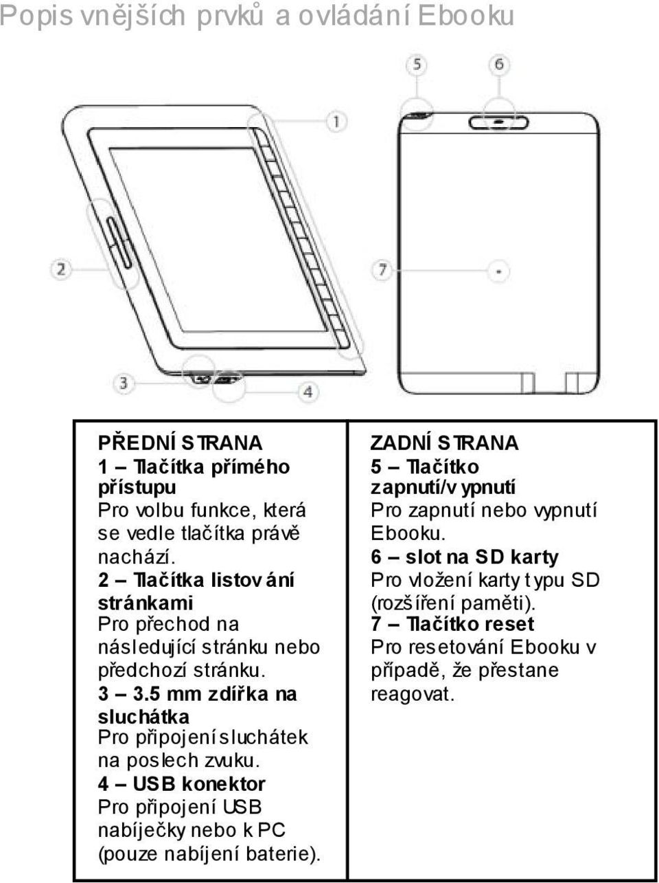 5 mm zdířka na sluchátka Pro připojení sluchátek na poslech zvuku. 4 USB konektor Pro připojení USB nabíječky nebo k PC (pouze nabíjení baterie).