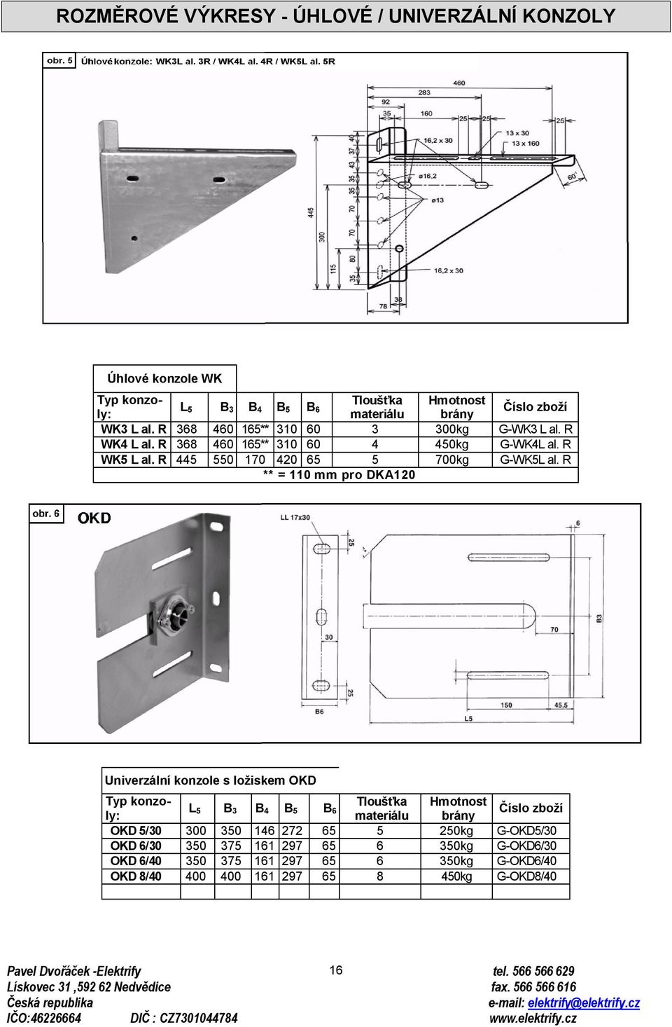 R ** = 110 mm pro DKA120 Univerzální konzole s ložiskem OKD Typ konzoly: 5 B 3 B 4 B 5 B 6 Tloušťka Hmotnost L materiálu brány Číslo zboží OKD 5/30 300 350 146 272