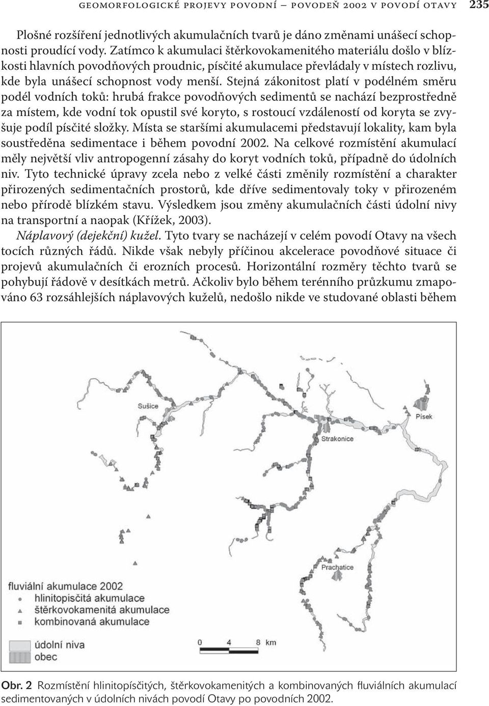 Stejná zákonitost platí v podélném směru podél vodních toků: hrubá frakce povodňových sedimentů se nachází bezprostředně za místem, kde vodní tok opustil své koryto, s rostoucí vzdáleností od koryta