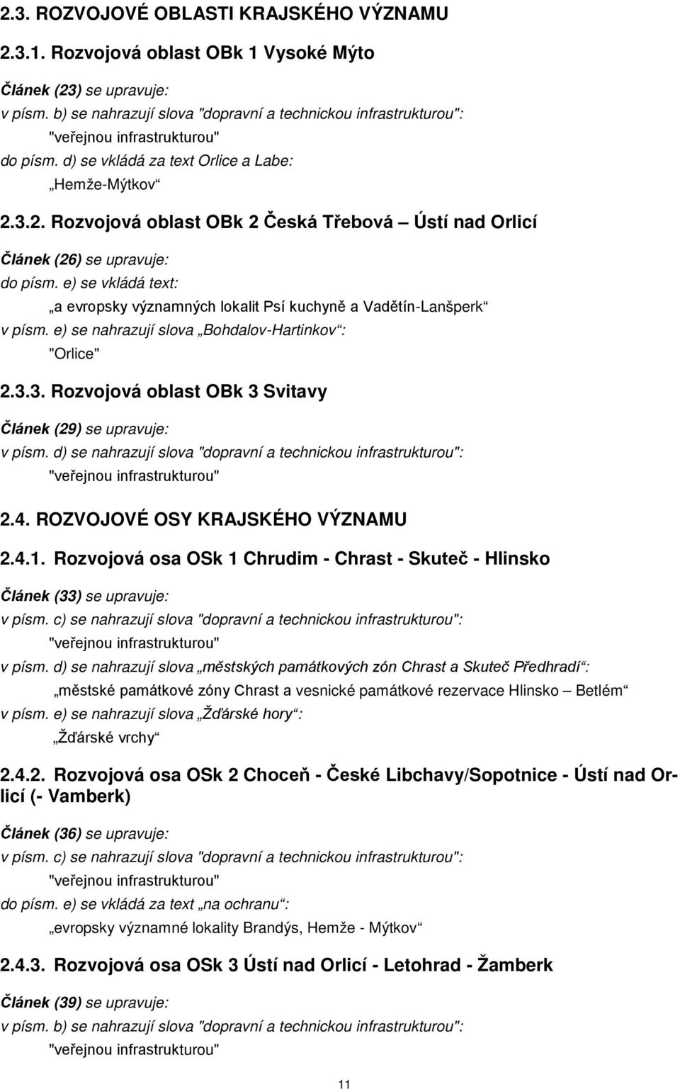 3.2. Rozvojová oblast OBk 2 Česká Třebová Ústí nad Orlicí Článek (26) se upravuje: do písm. e) se vkládá text: a evropsky významných lokalit Psí kuchyně a Vadětín-Lanšperk v písm.