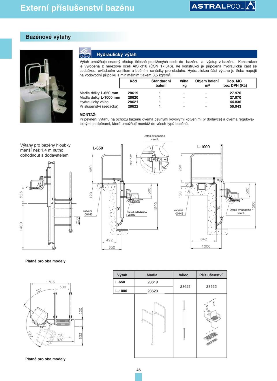 Hydraulickou část výtahu je třeba napojit na vodovodní přípojku s minimálním tlakem 3,5 kg/cm 2. Madla délky L-650 mm 28619 1 - - 27.970 Madla délky L-1000 mm 28620 1 - - 27.