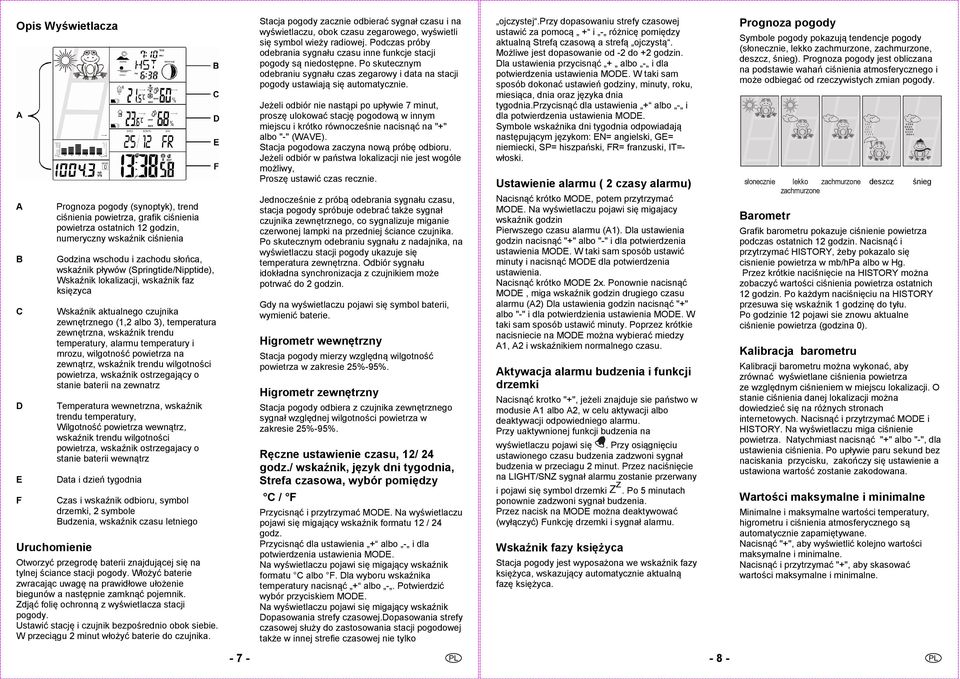 temperatury, alarmu temperatury i mrozu, wilgotność powietrza na zewnątrz, wskaźnik trendu wilgotności powietrza, wskaźnik ostrzegający o stanie baterii na zewnatrz Temperatura wewnetrzna, wskaźnik
