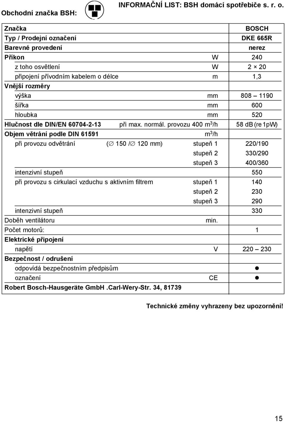 hloubka mm 520 Hlučnost dle DIN/EN 60704-2-13 při max. normál.