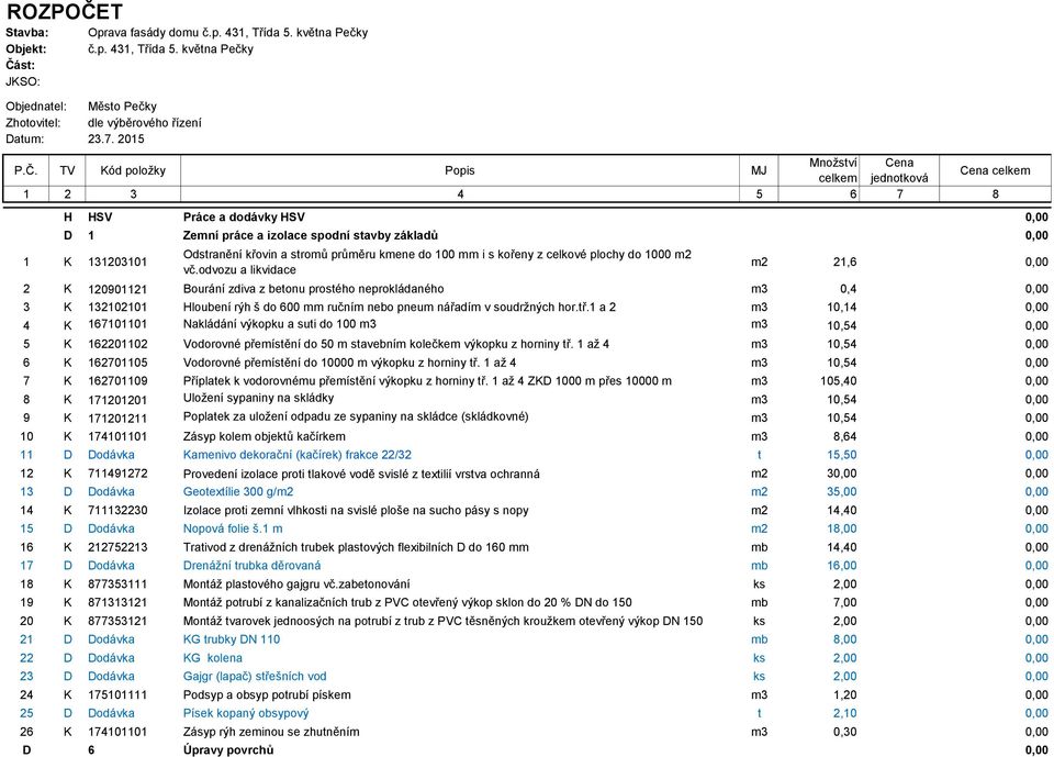 TV Kód položky Popis MJ Cena celkem celkem jednotková 1 2 3 4 5 6 7 8 H HSV Práce a dodávky HSV 0,00 D 1 Zemní práce a izolace spodní stavby základů 0,00 1 K 131203101 Odstranění křovin a stromů