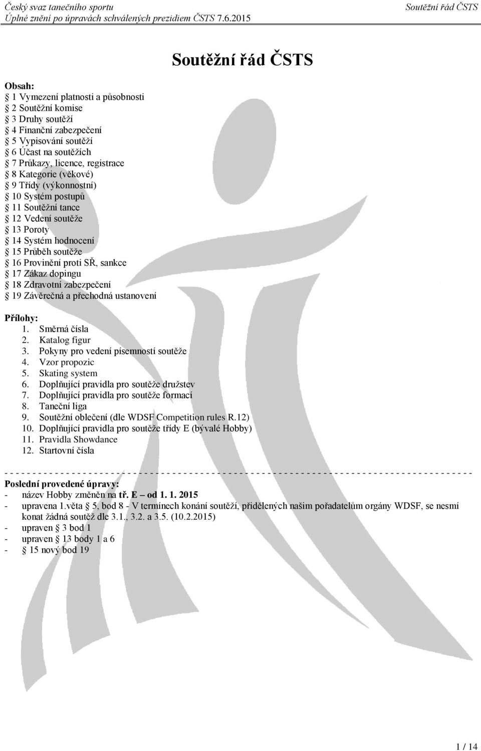 Závěrečná a přechodná ustanovení Přílohy: 1. Směrná čísla 2. Katalog figur 3. Pokyny pro vedení písemností soutěže 4. Vzor propozic 5. Skating system 6. Doplňující pravidla pro soutěže družstev 7.