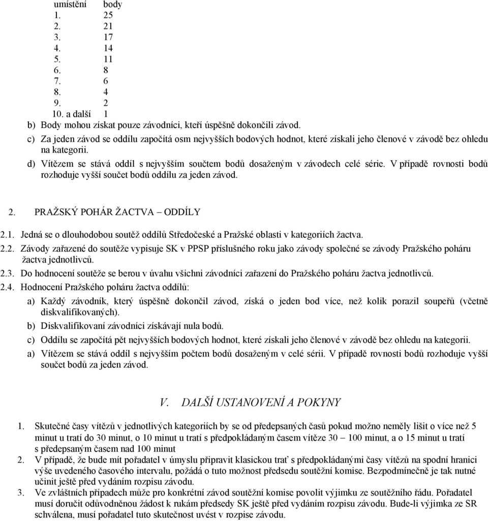 d) Vítězem se stává oddíl s nejvyšším součtem bodů dosaženým v závodech celé série. V případě rovnosti bodů rozhoduje vyšší součet bodů oddílu za jeden závod. 2. PRAŽSKÝ POHÁR ŽACTVA ODDÍLY 2.1.