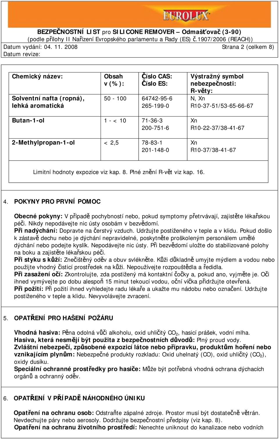 R10-37-51/53-65-66-67 Butan-1-ol 1 - < 10 71-36-3 200-751-6 2-Methylpropan-1-ol < 2,5 78-83-1 201-148-0 Xn R10-22-37/38-41-67 Xn R10-37/38-41-67 Limitní hodnoty expozice viz kap. 8.