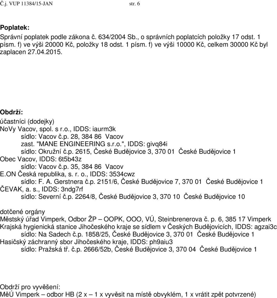 p. 35, 384 86 Vacov E.ON Česká republika, s. r. o., IDDS: 3534cwz sídlo: F. A. Gerstnera č.p. 2151/6, České Budějovice 7, 370 01 České Budějovice 1 ČEVAK, a. s., IDDS: 3ndg7rf sídlo: Severní č.p. 2264/8, České Budějovice 3, 370 10 České Budějovice 10 dotčené orgány Městský úřad Vimperk, Odbor ŽP OOPK, OOO, VÚ, Steinbrenerova č.