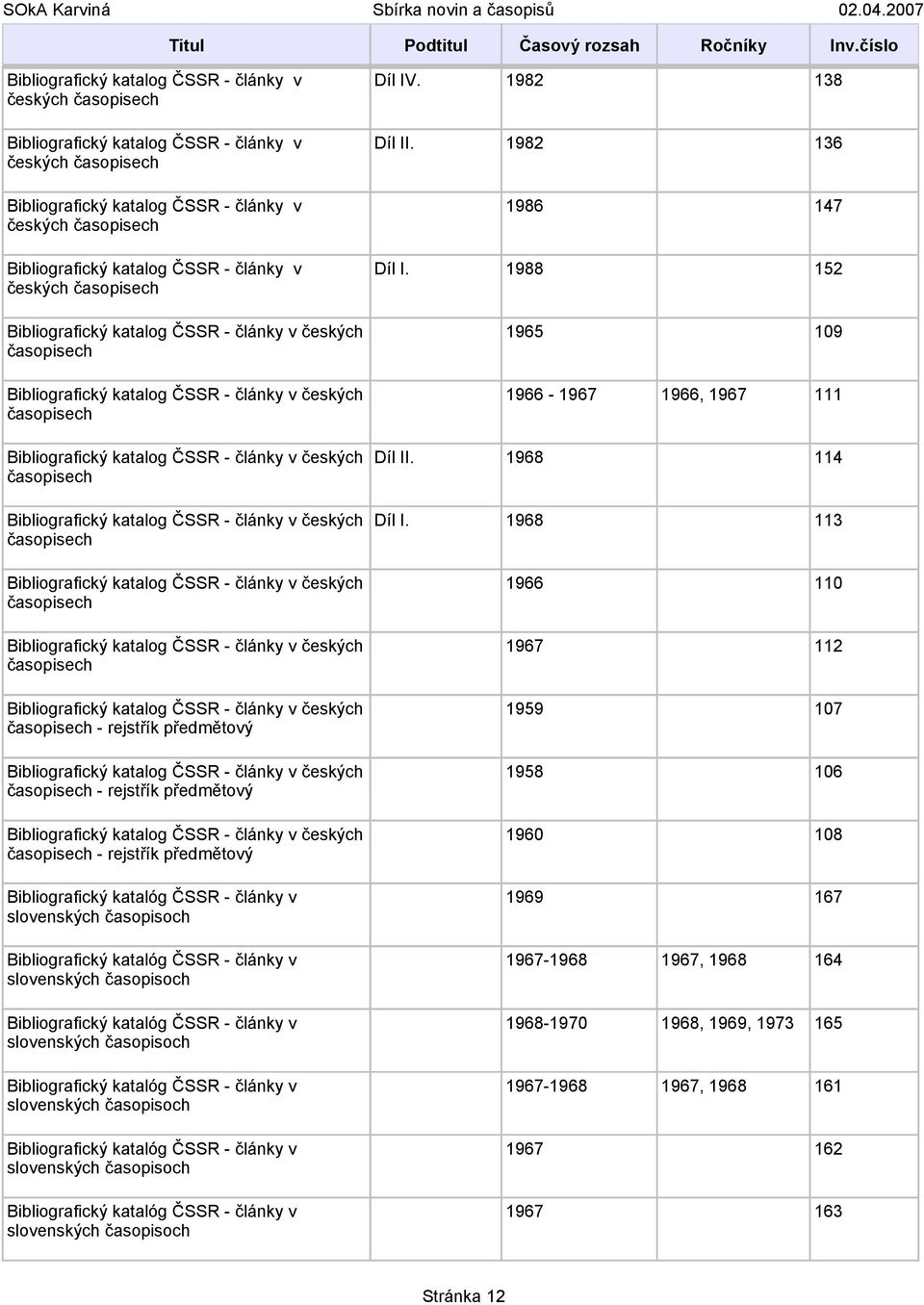 Bibliografický katalog ČSSR - články v českých časopisech - rejstřík předmětový Bibliografický katalog ČSSR - články v českých časopisech - rejstřík předmětový Bibliografický katalog ČSSR - články v