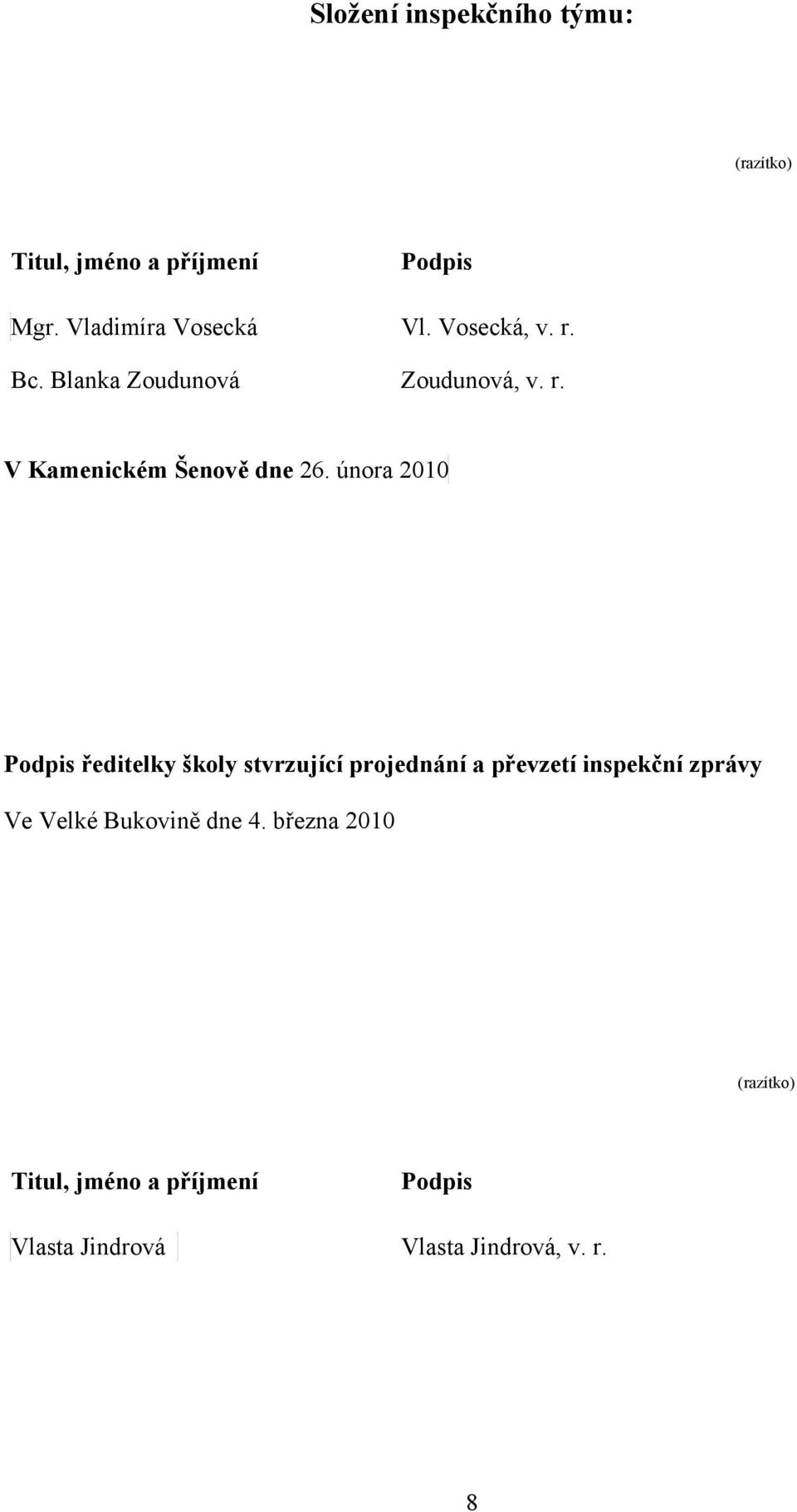 února 2010 Podpis ředitelky školy stvrzující projednání a převzetí inspekční zprávy Ve Velké