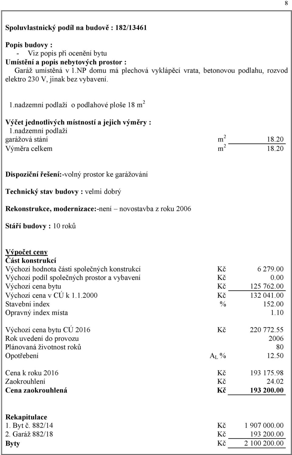 nadzemní podlaží garážová stání m 2 18.20 Výměra celkem m 2 18.