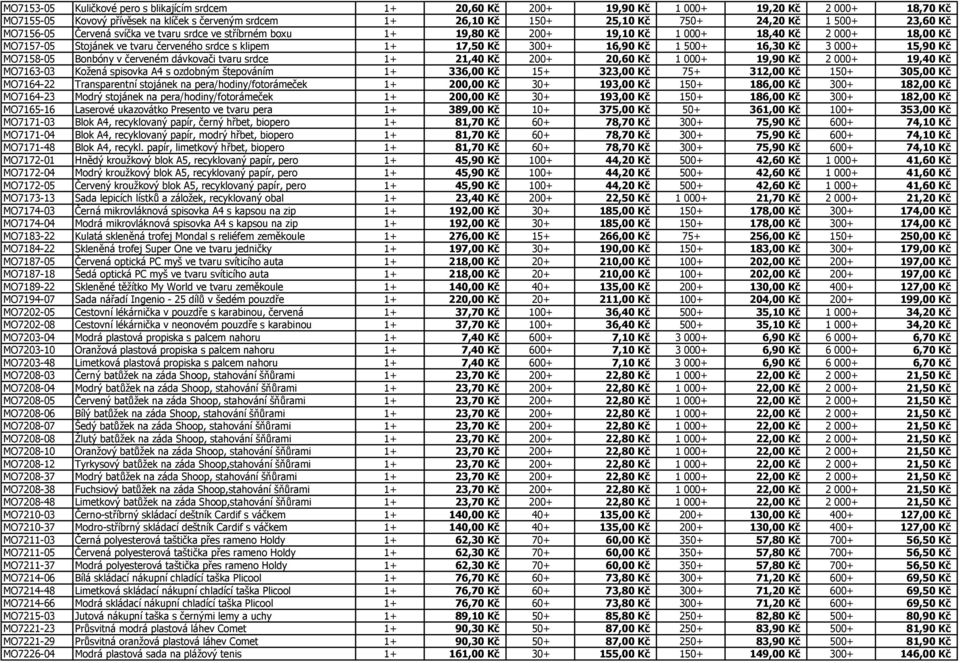 16,90 Kč 1 500+ 16,30 Kč 3 000+ 15,90 Kč MO7158-05 Bonbóny v červeném dávkovači tvaru srdce 1+ 21,40 Kč 200+ 20,60 Kč 1 000+ 19,90 Kč 2 000+ 19,40 Kč MO7163-03 Kožená spisovka A4 s ozdobným