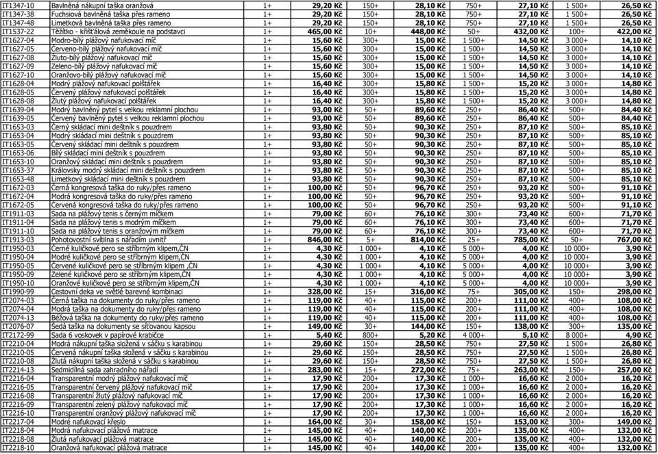 Kč 100+ 422,00 Kč IT1627-04 Modro-bílý plážový nafukovací míč 1+ 15,60 Kč 300+ 15,00 Kč 1 500+ 14,50 Kč 3 000+ 14,10 Kč IT1627-05 Červeno-bílý plážový nafukovací míč 1+ 15,60 Kč 300+ 15,00 Kč 1 500+