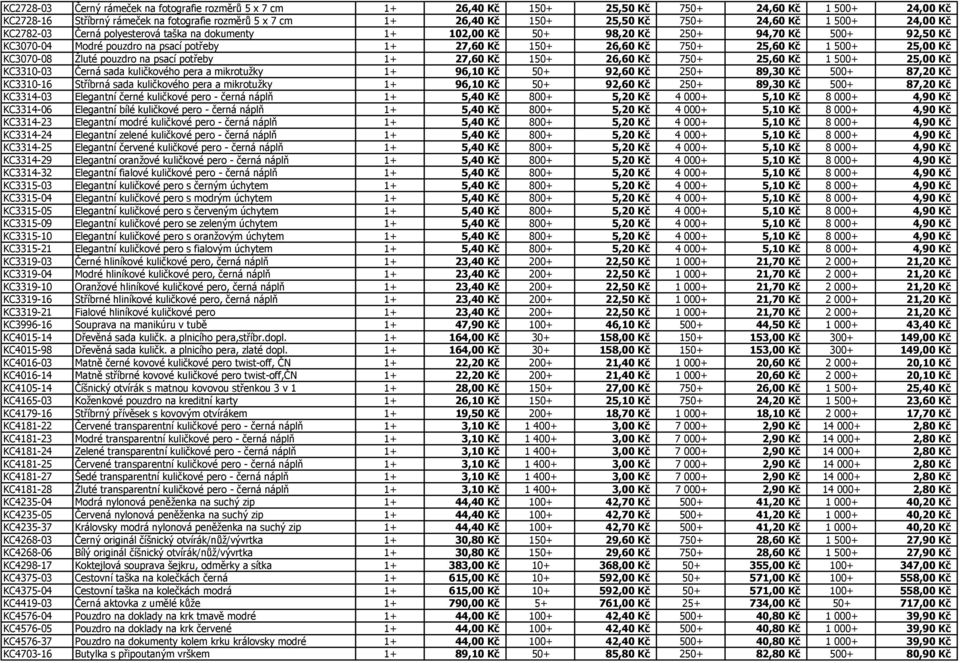 25,60 Kč 1 500+ 25,00 Kč KC3070-08 Žluté pouzdro na psací potřeby 1+ 27,60 Kč 150+ 26,60 Kč 750+ 25,60 Kč 1 500+ 25,00 Kč KC3310-03 Černá sada kuličkového pera a mikrotužky 1+ 96,10 Kč 50+ 92,60 Kč