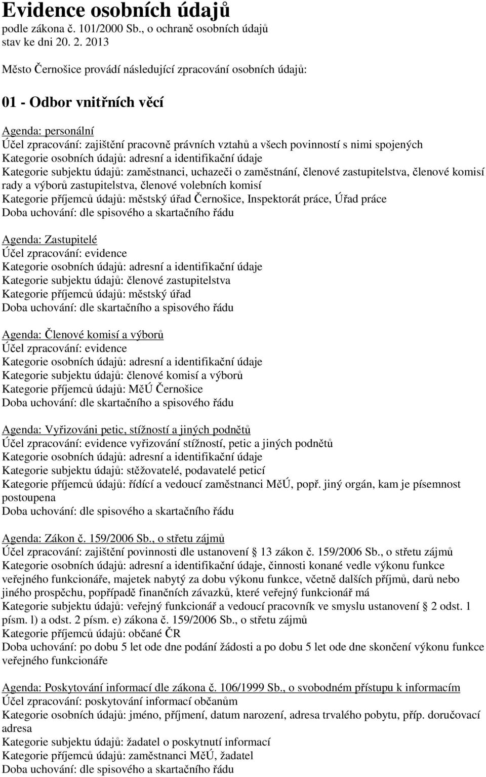 spojených Kategorie subjektu údajů: zaměstnanci, uchazeči o zaměstnání, členové zastupitelstva, členové komisí rady a výborů zastupitelstva, členové volebních komisí Kategorie příjemců údajů: městský