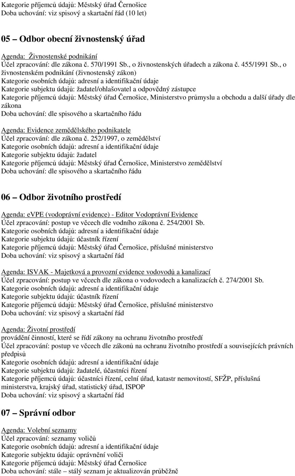 zemědělského podnikatele Účel zpracování: dle zákona č.