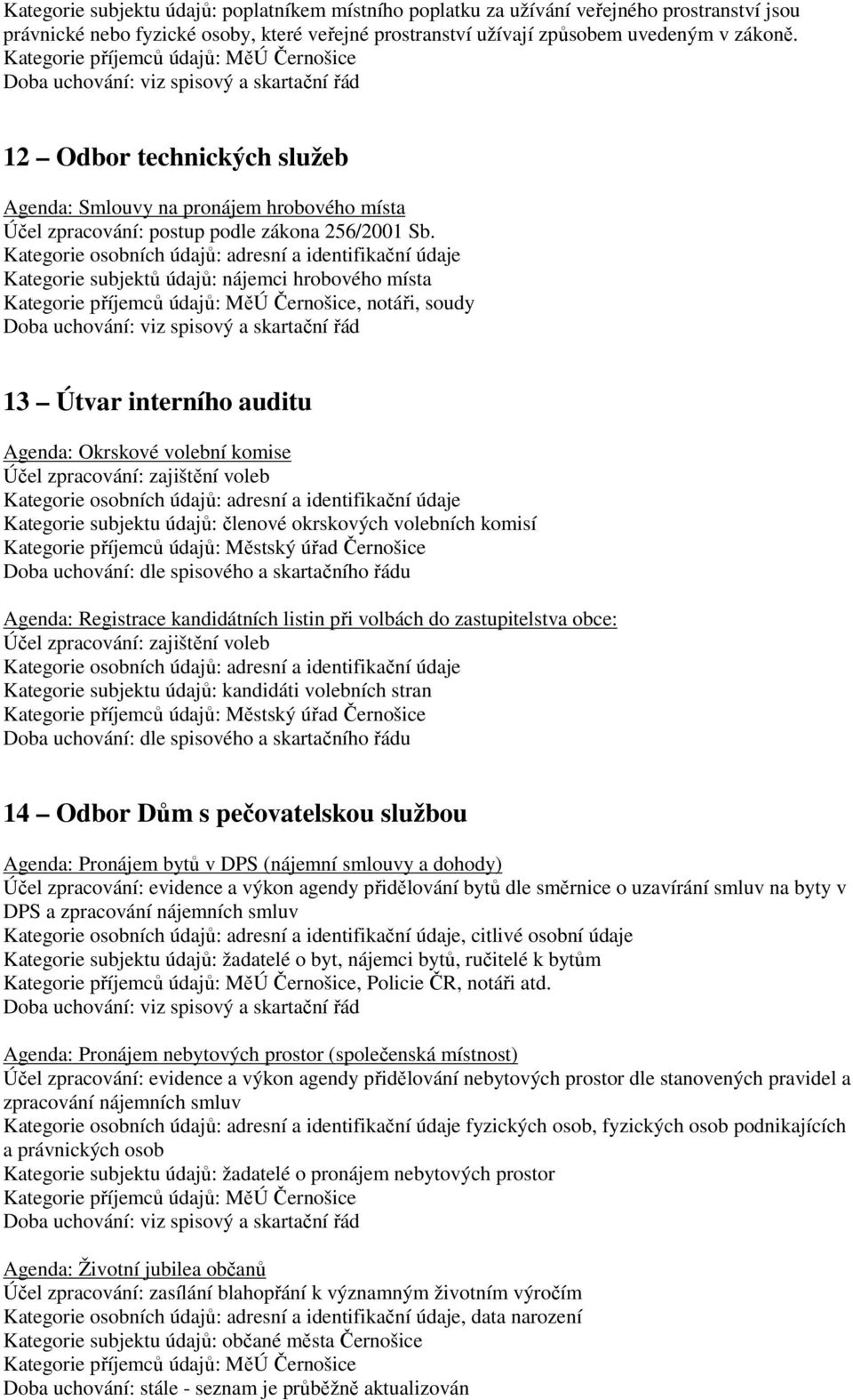 Kategorie subjektů údajů: nájemci hrobového místa, notáři, soudy 13 Útvar interního auditu Agenda: Okrskové volební komise Účel zpracování: zajištění voleb Kategorie subjektu údajů: členové