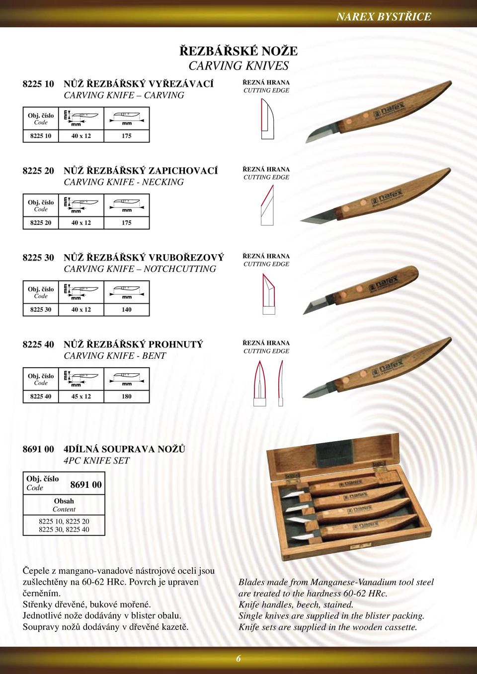 HRANA CUTTING EDGE 8225 40 45 x 12 180 8691 00 4DÍLNÁ SOUPRAVA NOŽŮ 4PC KNIFE SET 8691 00 Obsah Content 8225 10, 8225 20 8225 30, 8225 40 Čepele z mangano-vanadové nástrojové oceli jsou zušlechtěny