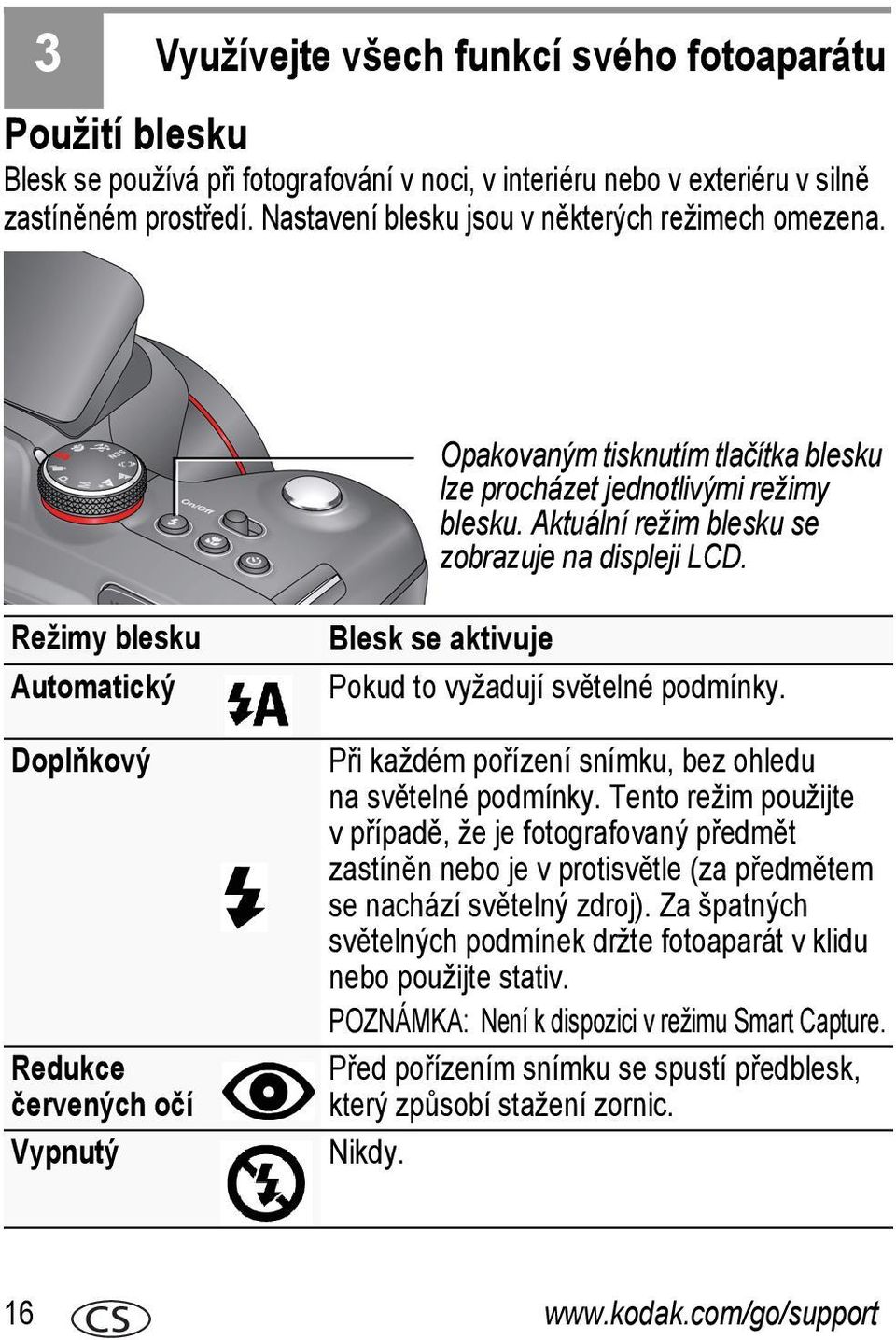 Režimy blesku Automatický Doplňkový Redukce červených očí Vypnutý Blesk se aktivuje Pokud to vyžadují světelné podmínky. Při každém pořízení snímku, bez ohledu na světelné podmínky.