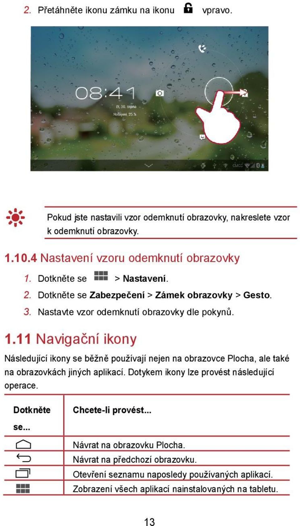 1.11 Navigační ikony Následující ikony se běžně používají nejen na obrazovce Plocha, ale také na obrazovkách jiných aplikací.