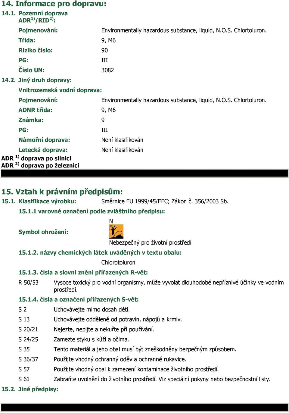 14.2. Jiný druh dopravy: Vnitrozemská vodní doprava: Pojmenování: ADNR třída: Známka: 9 PG: Námořní doprava: Letecká doprava: ADR 1) doprava po silnici ADR 2) doprava po železnici Environmentally