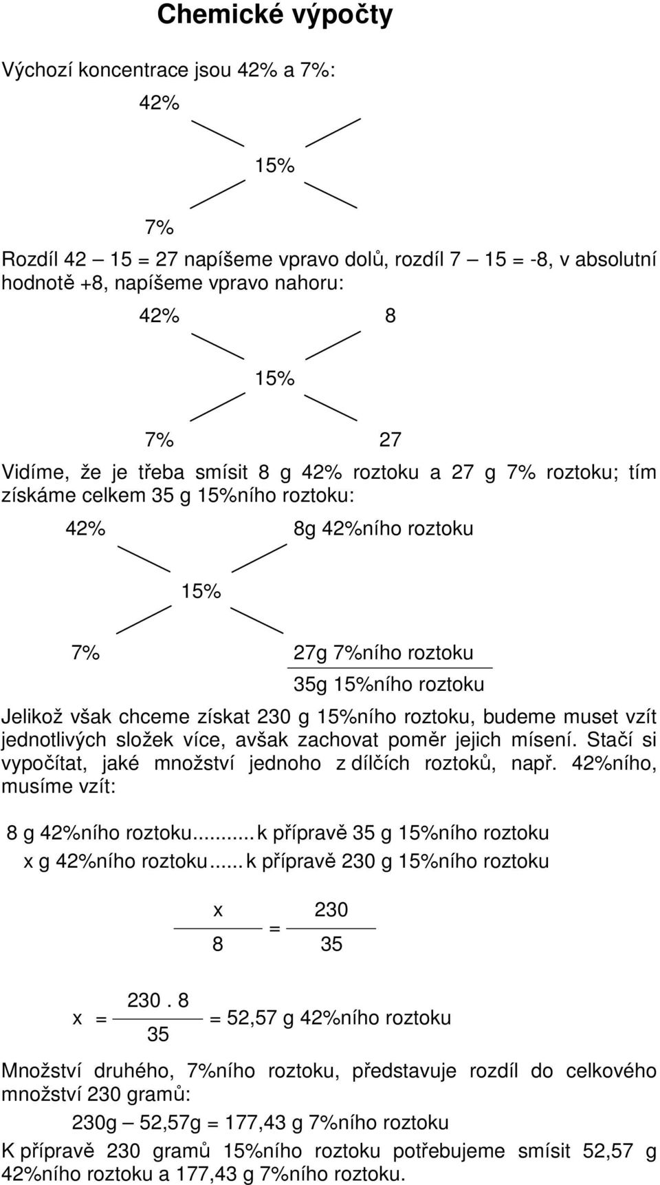 vzít jednotlivých složek více, avšak zachovat poměr jejich mísení. Stačí si vypočítat, jaké množství jednoho z dílčích roztoků, např. 42%ního, musíme vzít: 8 g 42%ního roztoku.