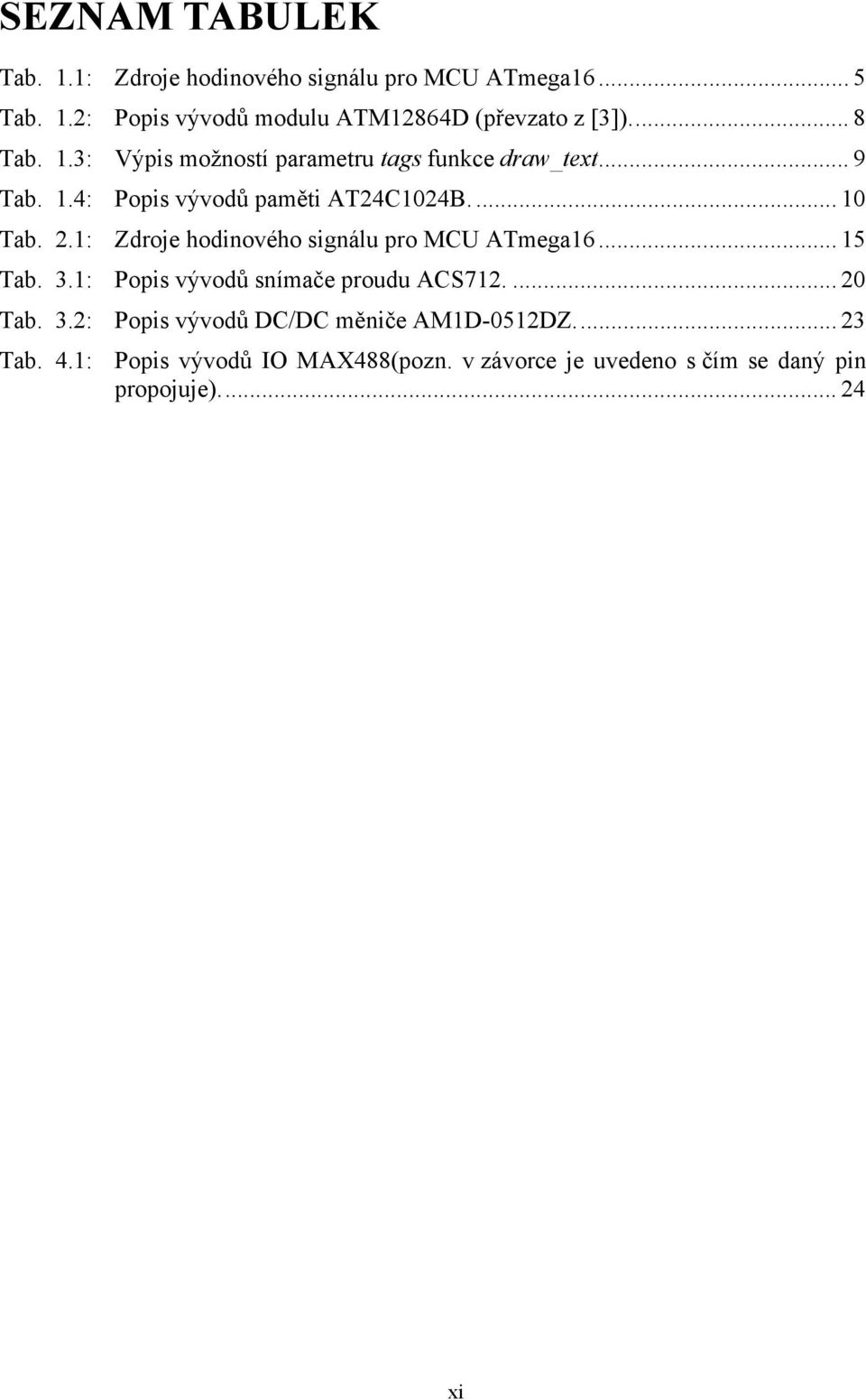 1: Zdroje hodinového signálu pro MCU ATmega16... 15 Tab. 3.1: Popis vývodů snímače proudu ACS712.... 20 Tab. 3.2: Popis vývodů DC/DC měniče AM1D-0512DZ.