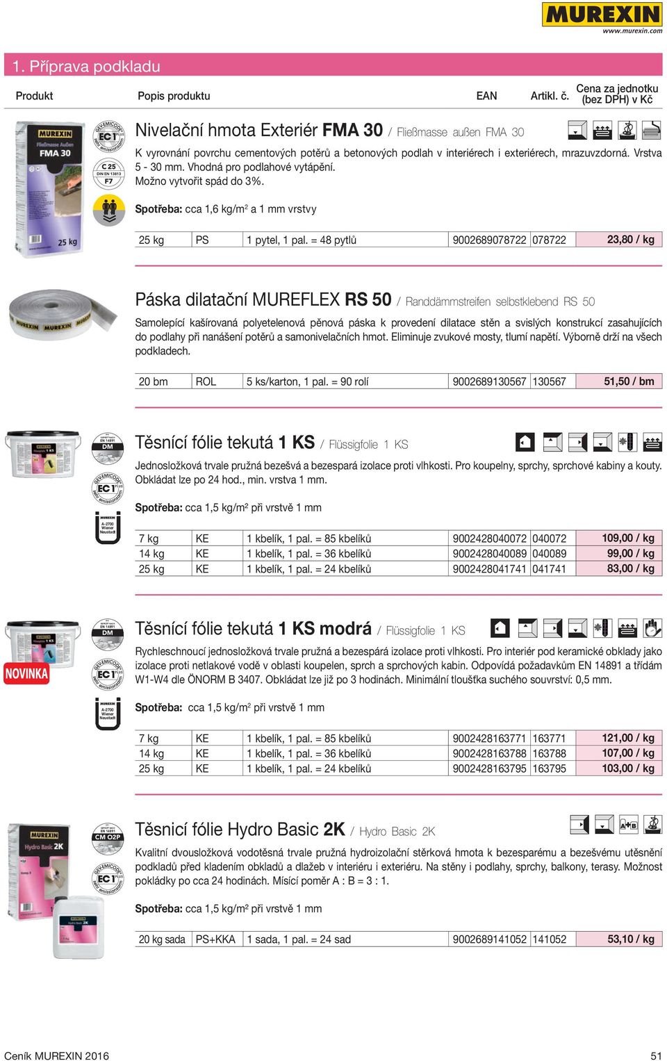 Vhodná pro podlahové vytápění. Možno vytvořit spád do 3%. Spotřeba: cca 1,6 kg/m 2 a 1 mm vrstvy 25 kg PS 1 pytel, 1 pal.