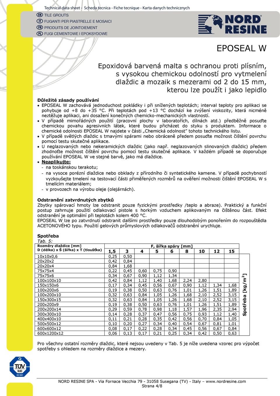 V případě mimořádných použití (pracovní plochy v laboratořích, dílnách atd.) předběžně posuďte chemickou povahu agresivních látek, které budou přicházet do styku s produktem.