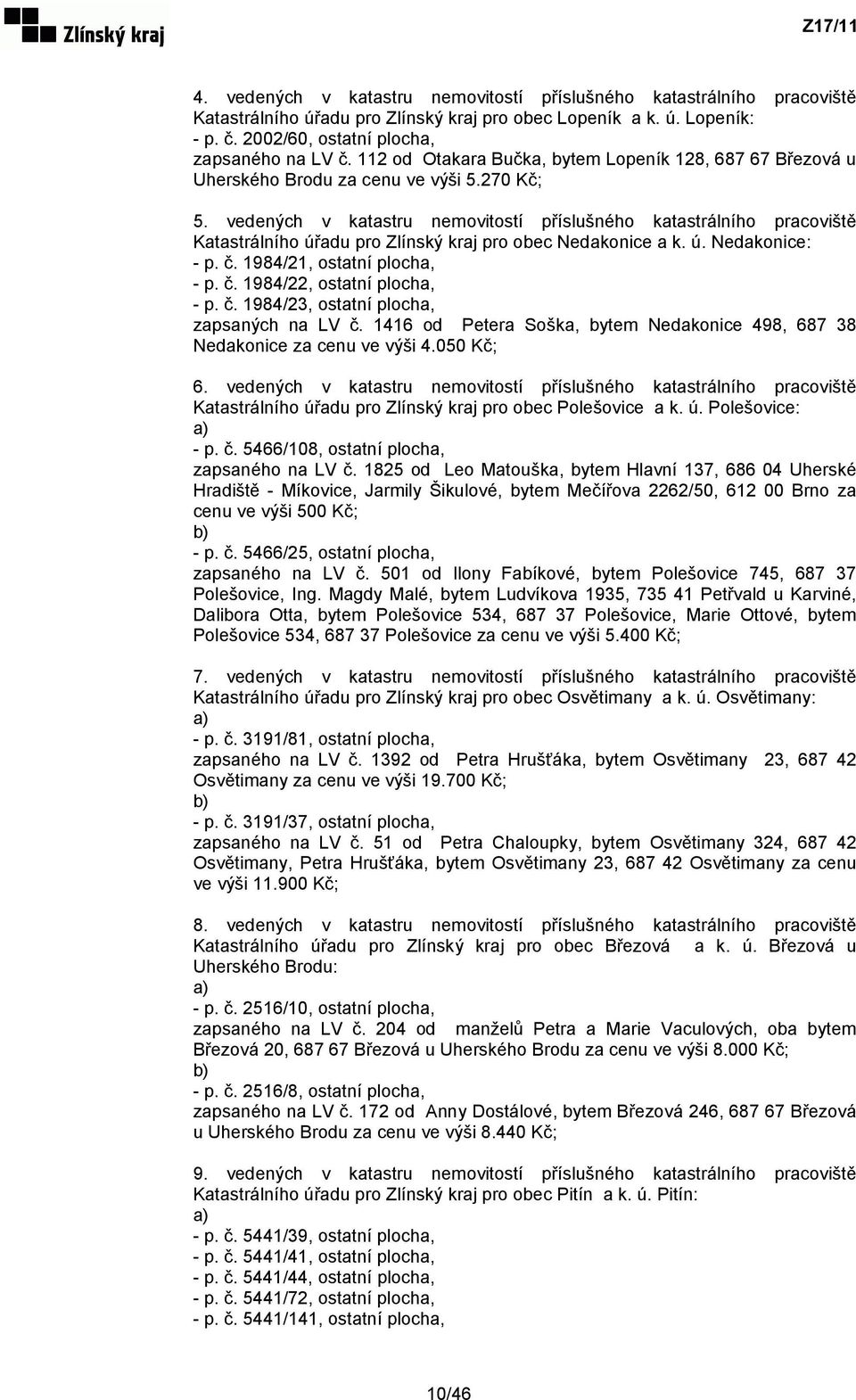 vedených v katastru nemovitostí příslušného katastrálního pracoviště Katastrálního úřadu pro Zlínský kraj pro obec Nedakonice a k. ú. Nedakonice: - p. č. 1984/21, ostatní plocha, - p. č. 1984/22, ostatní plocha, - p.