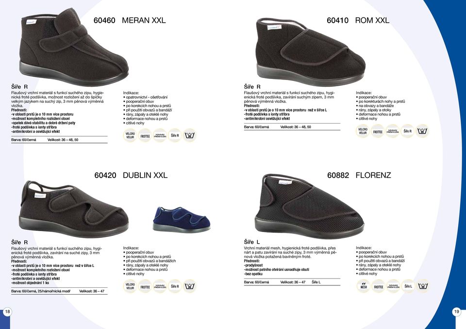 ošetřování po korekcích nohou a prstů při použití obvazů a bandáží rány, zápaly a oteklé nohy VELCRO VELUR Flaušový vrchní materiál s funkcí suchého zipu, hygienická froté podšívka, zavírání suchým