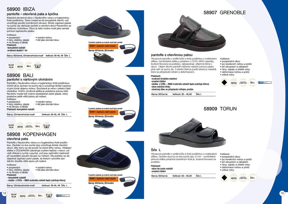 pooperační rány, otekliny, zápaly na obvazy a zábaly -kompletně rozložit -možnost dodání 1 ks Barvy: 60/černá, 25/námořnická modř VELCRO VELUR 58906 BALI zranění nohou též jako domácí obuv Velikost:
