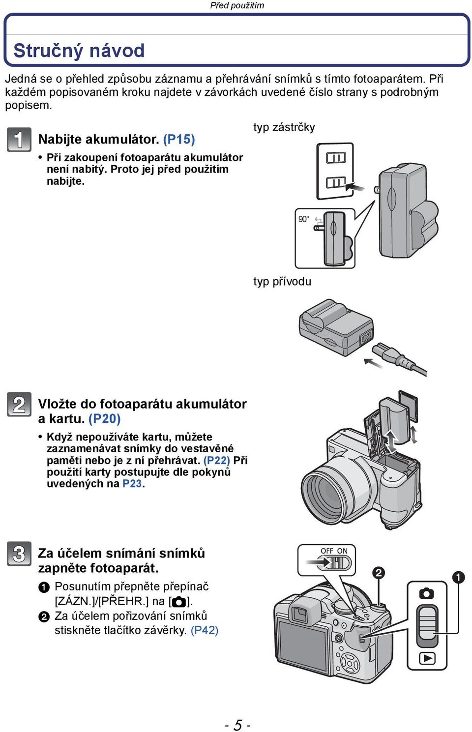 Proto jej před použitím nabijte. typ zástrčky 90 typ přívodu Vložte do fotoaparátu akumulátor a kartu.