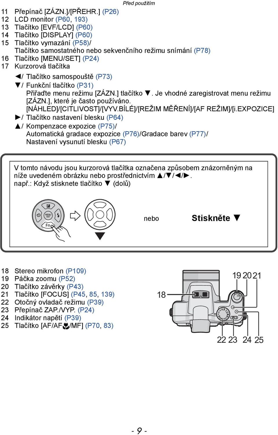 [MENU/SET] (P24) 17 Kurzorová tlačítka 2/ Tlačítko samospouště (P73) 4/ Funkční tlačítko (P31) Přiřaďte menu režimu [ZÁZN.] tlačítko 4. Je vhodné zaregistrovat menu režimu [ZÁZN.