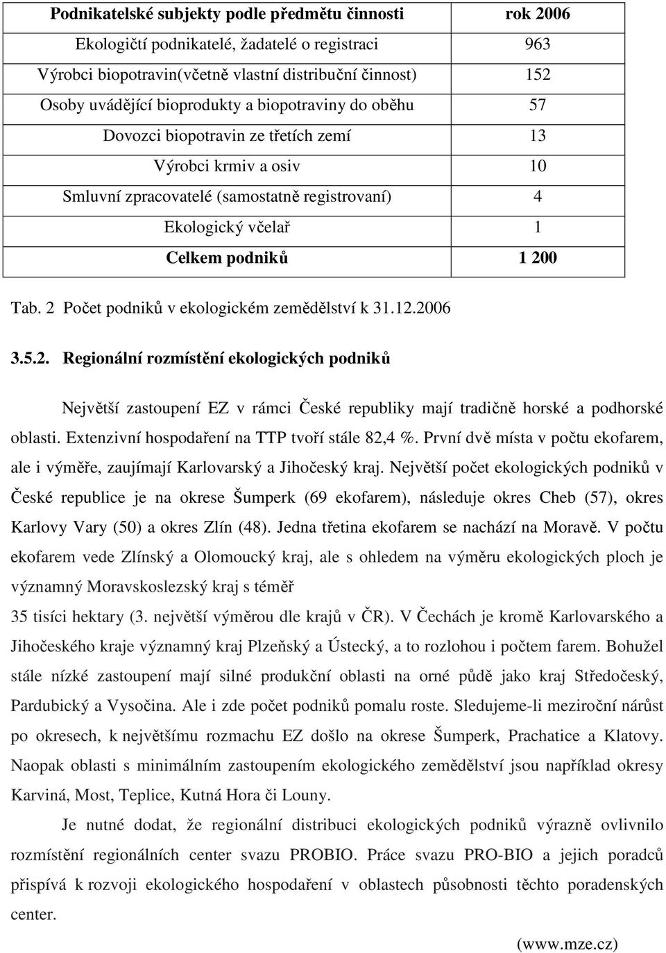 2 Počet podniků v ekologickém zemědělství k 31.12.2006 3.5.2. Regionální rozmístění ekologických podniků Největší zastoupení EZ v rámci České republiky mají tradičně horské a podhorské oblasti.