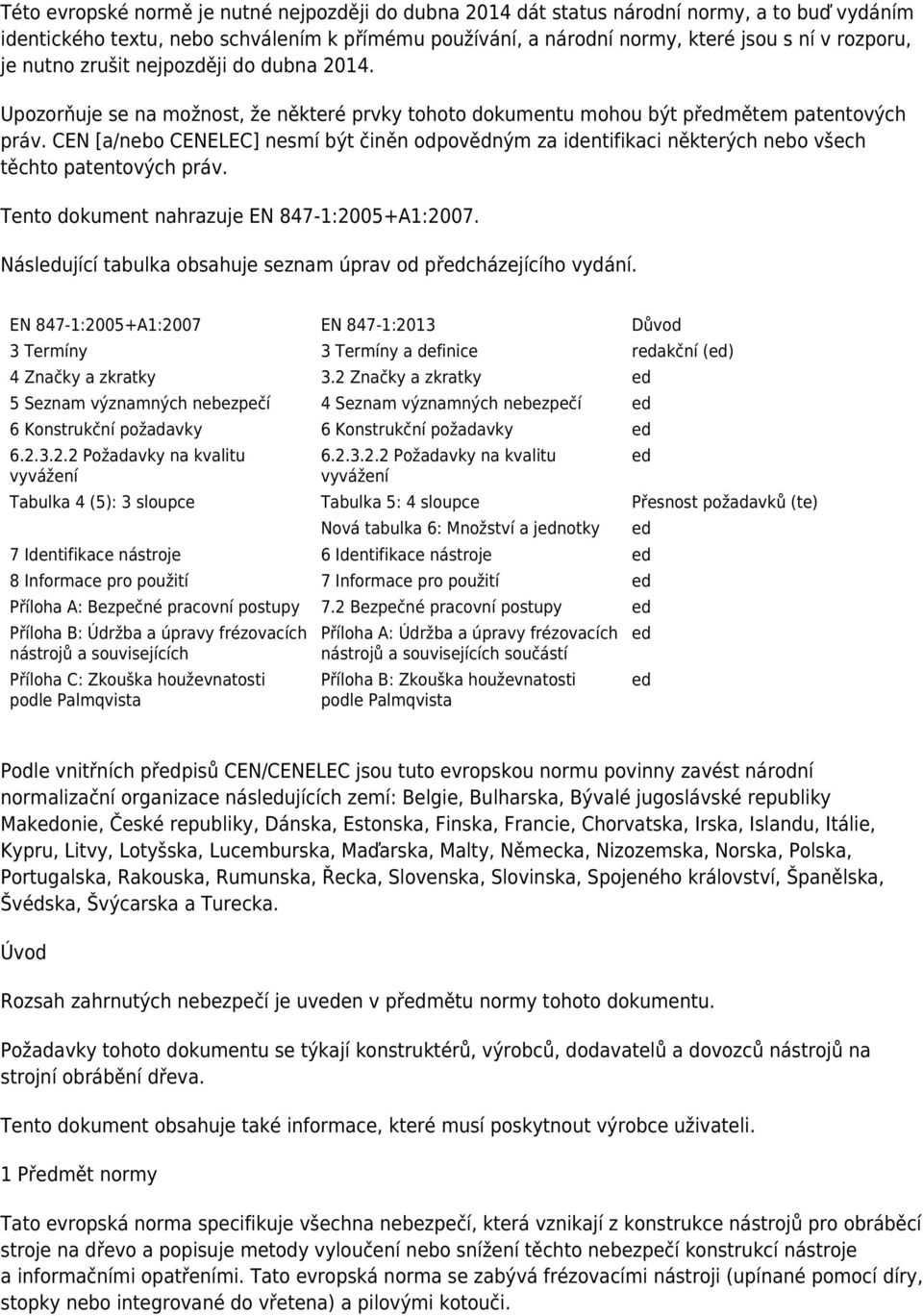 CEN [a/nebo CENELEC] nesmí být činěn odpovědným za identifikaci některých nebo všech těchto patentových práv. Tento dokument nahrazuje EN 847-1:2005+A1:2007.