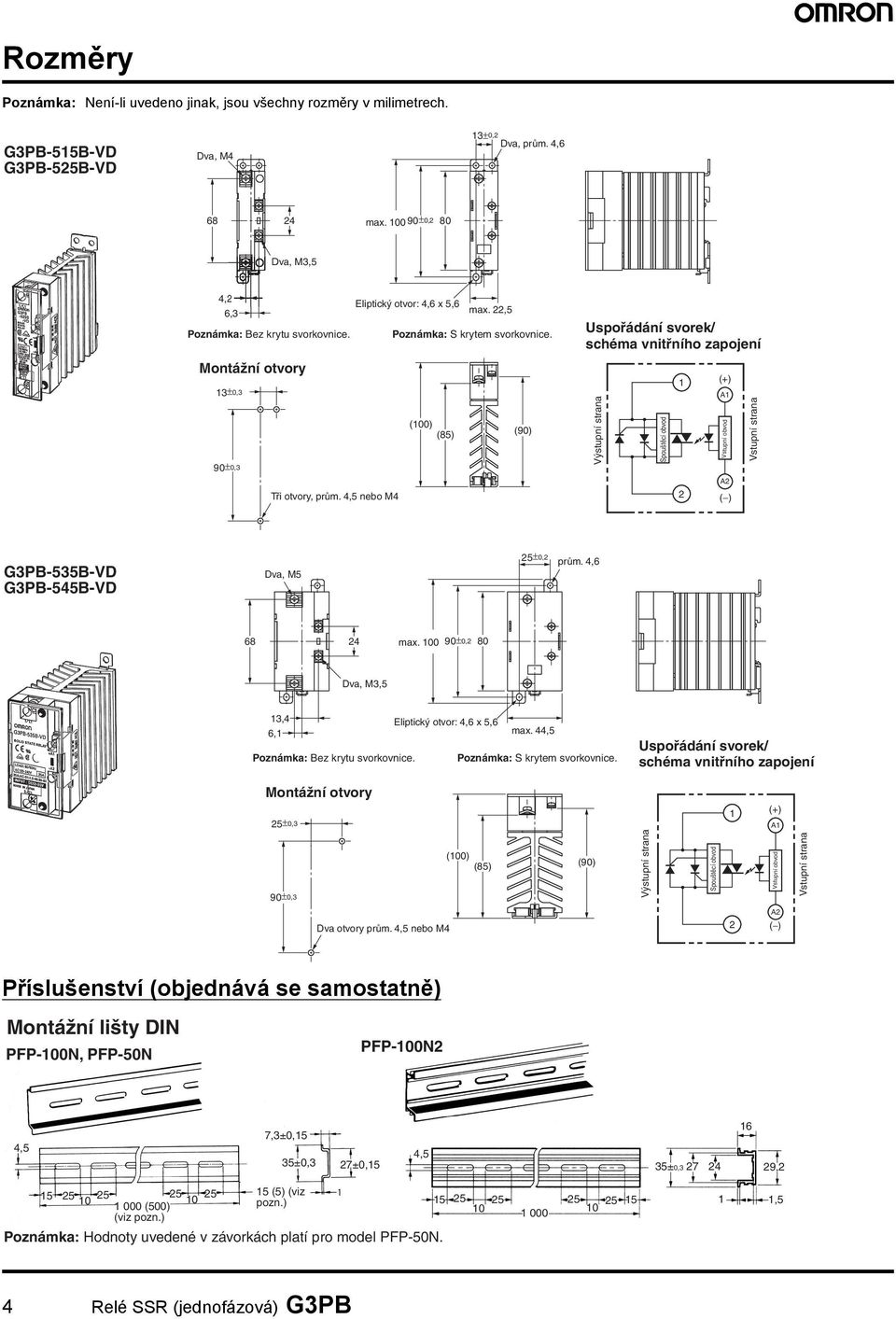 (1) (85) (9) Uspořádání svorek/ schéma vnitřního zapojení Výstupní strana Spouštěcí obvod 1 2 (+) A1 Vstupní obvod A2 ( ) Vstupní strana G3PB-535B-VD G3PB-545B-VD Dva, M5 25±,2 prům. 4,6 68 24 max.