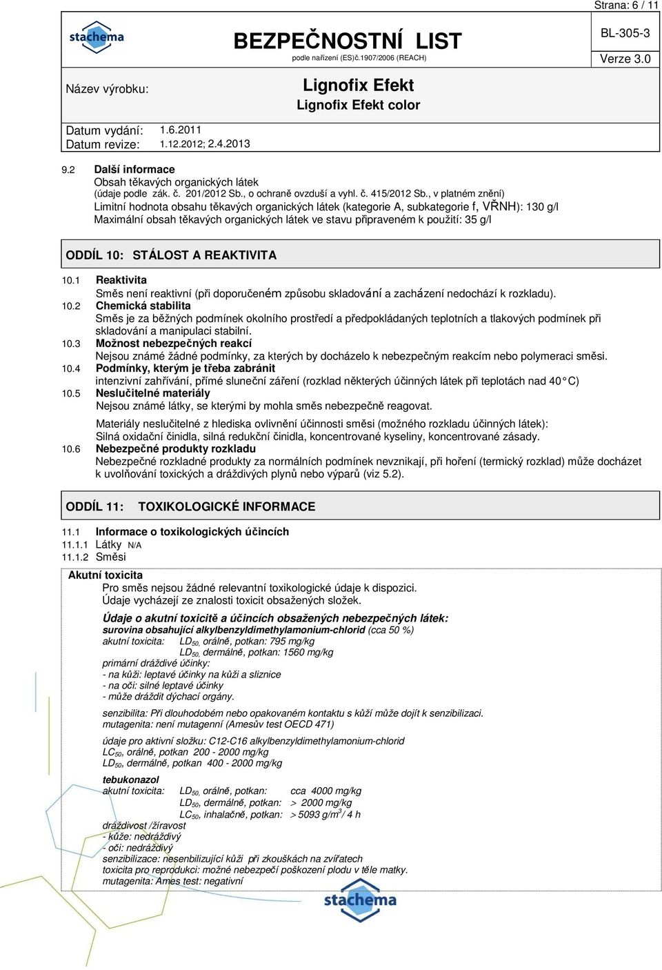 ODDÍL 10: STÁLOST A REAKTIVITA 10.1 Reaktivita Směs není reaktivní (při doporučeném způsobu skladování a zacházení nedochází k rozkladu). 10.2 Chemická stabilita Směs je za běžných podmínek okolního prostředí a předpokládaných teplotních a tlakových podmínek při skladování a manipulaci stabilní.