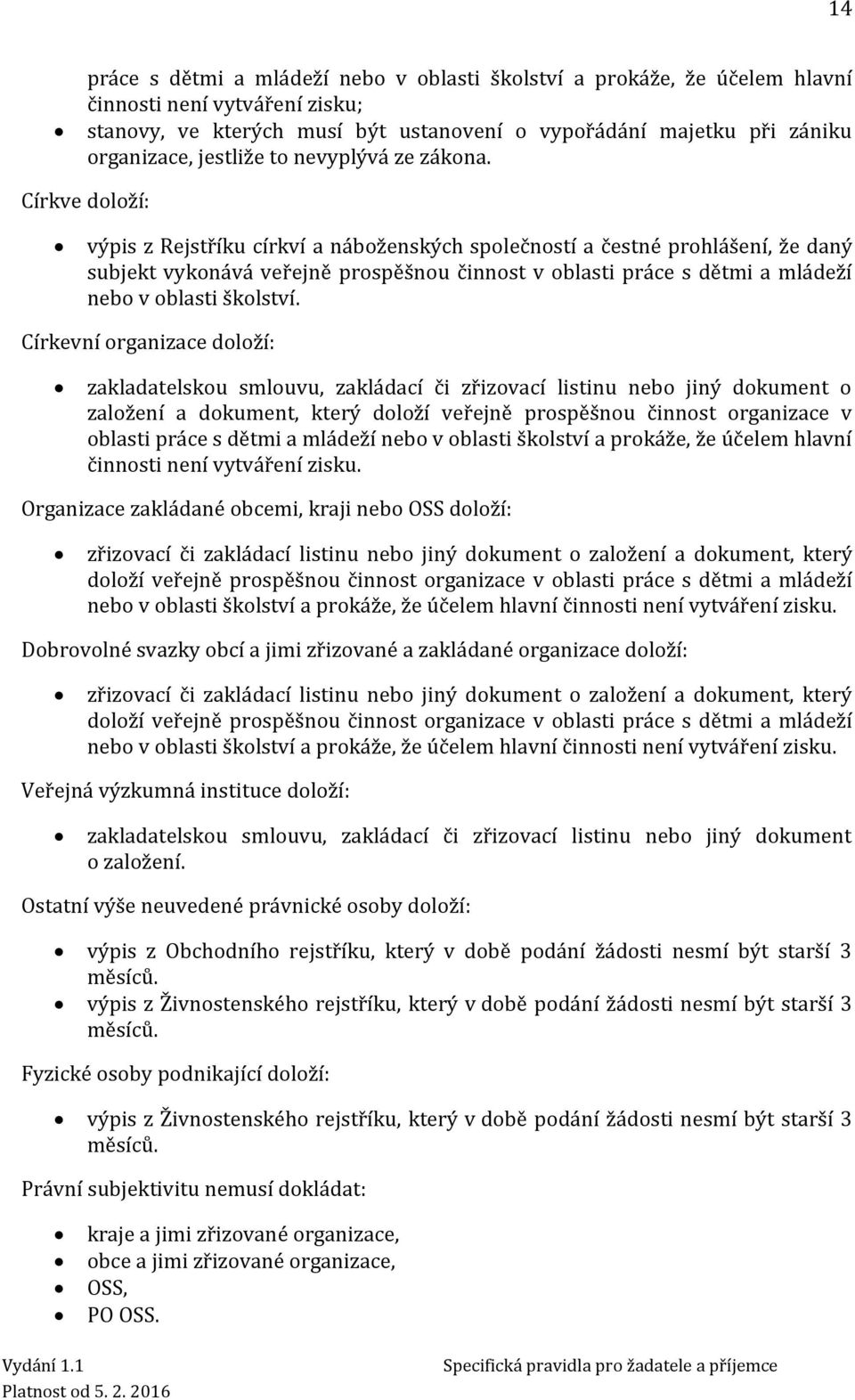 Církve doloží: výpis z Rejstříku církví a náboženských společností a čestné prohlášení, že daný subjekt vykonává veřejně prospěšnou činnost v oblasti práce s dětmi a mládeží nebo v oblasti školství.